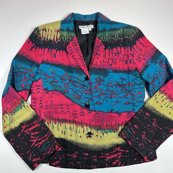 Nancy Bolen City Girl Women Multicolor 100% Silk Button Up Jacket Sequins Sz S - Picture 3 of 6
